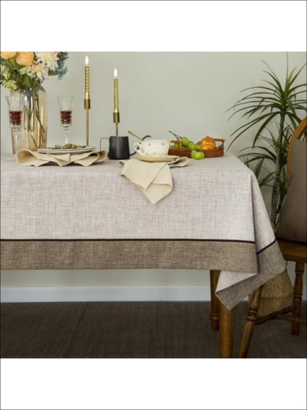Linen Style Tablecloth 55x102 Rectangular Mitered Border Washable Dining